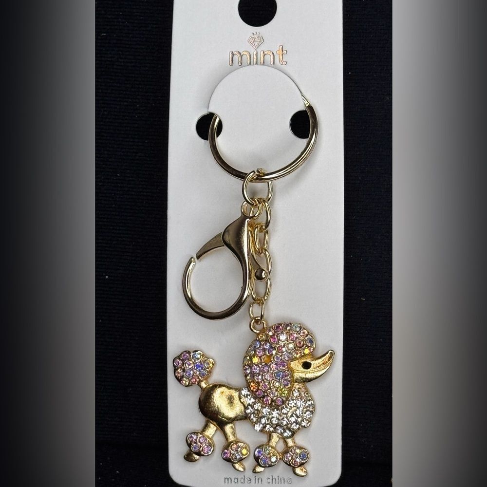 Mint Poodle Dog Keychain - Sparkly Crystal Keyring Iridescent